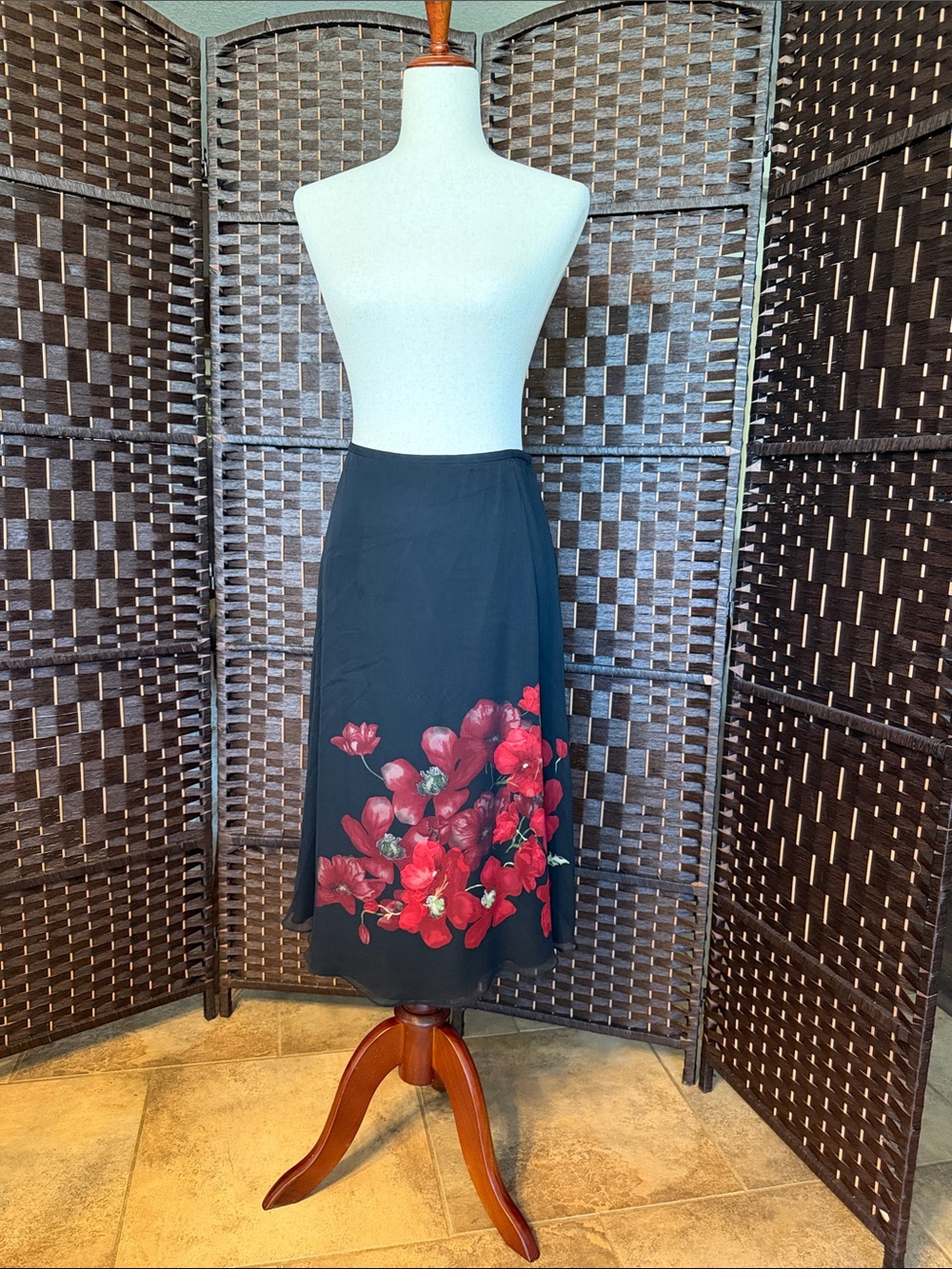 Dana Buchman Black Midi Skirt with Red Floral Hem